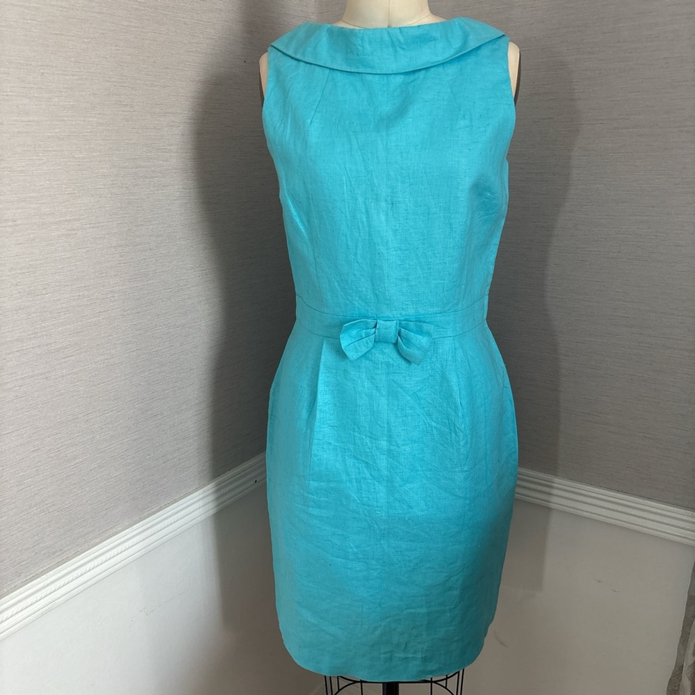 Sleeveless Turquoise Sheath Dress with Waist Bow Detail